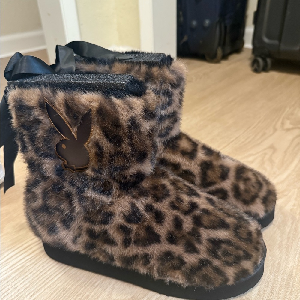 PLAYBOY Leopard Faux Fur Ankle Booties in Brown and Black